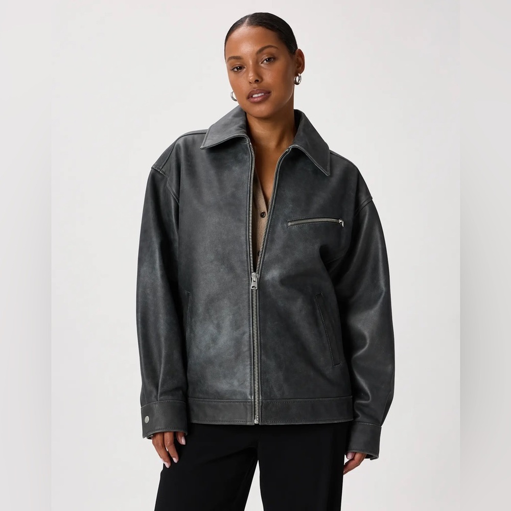 Quince 100% Leather‎ Oversized Bomber Jacket Color Distressed Black Size Medium - Picture 2 of 9